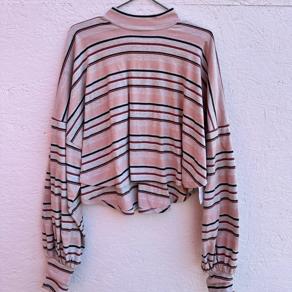 Free People Steph Striped Balloon Sleeve Mock Neck Top